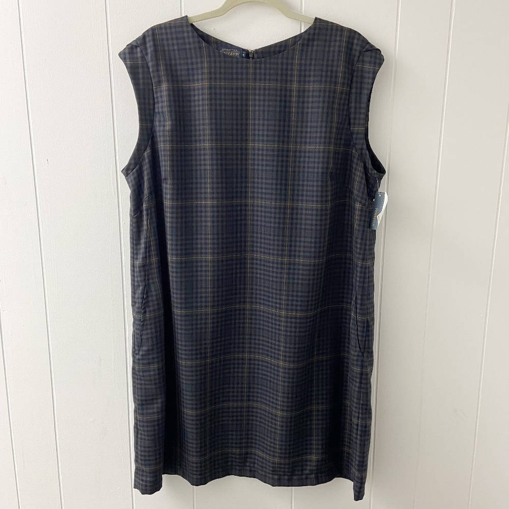Pendleton vintage 100% wool tartan print dress, shift dress, navy blue tartan